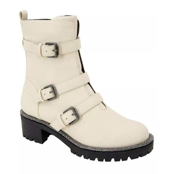 Kenneth Cole Reaction Women Tate Biker Jewel Lug Sole Booties Boot Ecru Size 6.5 - Picture 1 of 6